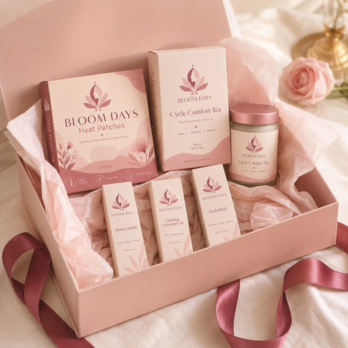 Bloom Days complete cycle comfort bundle arranged in a blush gift box
